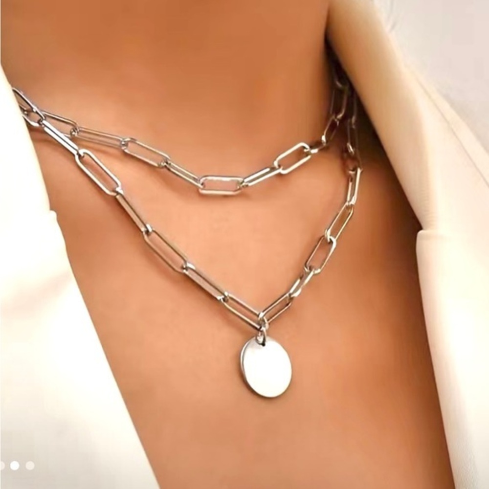 14k White Gold Paperclip Chain Link w/Disc Necklace layered kasey